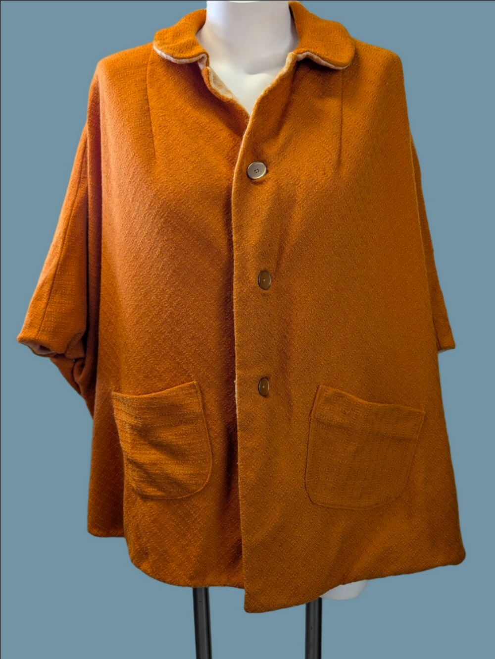 Vintage Cape Double Sided Yellow Houndstooth Cape Handmade 1970s Big Pockets